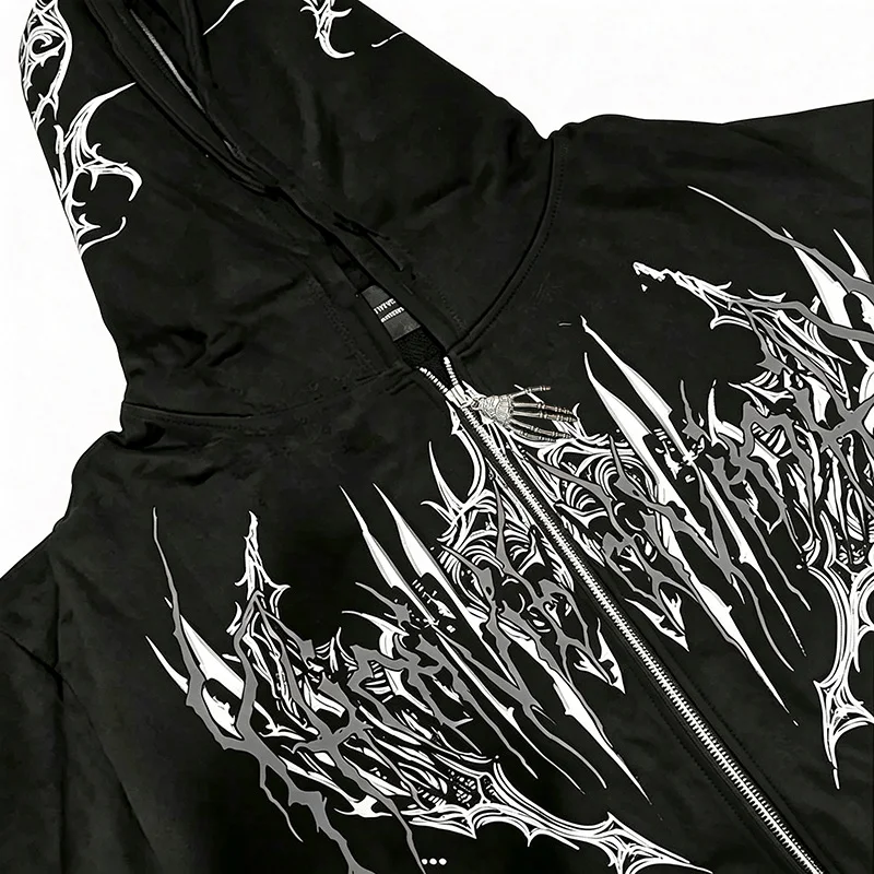 Herren Alt Gothic Zip-Up Hoodie Y2k High Street American Style Dunkler Dornen-Print Fleece-gefütterter Loser Biker Herbst-Winter-Sweatshirt – Detail 7