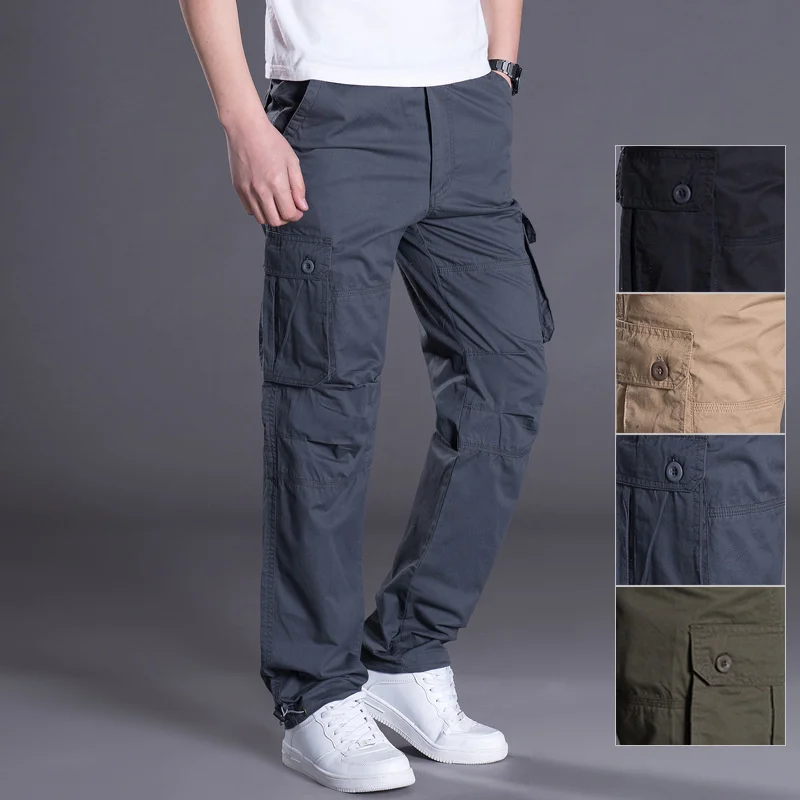 Spring Summer Multi-Pocket Breathable Cotton Long Pants Outdoor Large Size Camping Hiking Sports Loose Straight Thin Trousers