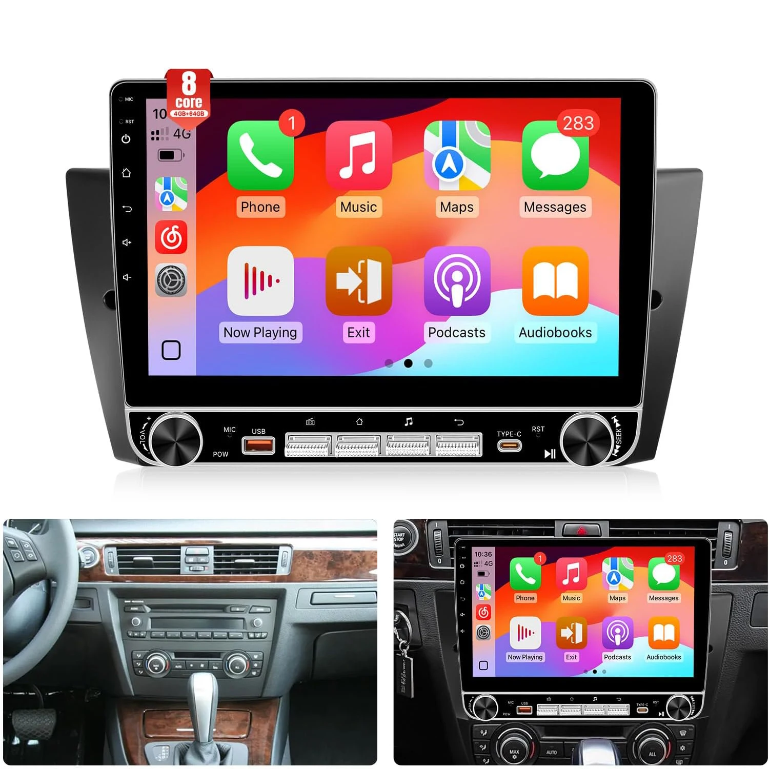Radio para Auto de 4+64G para BMW Serie 3 328i 335i 325i E90/E91/E92/E93 2005-2011, con Carplay y Android Auto, Pantalla de 10.1 Pulgadas para BMW C