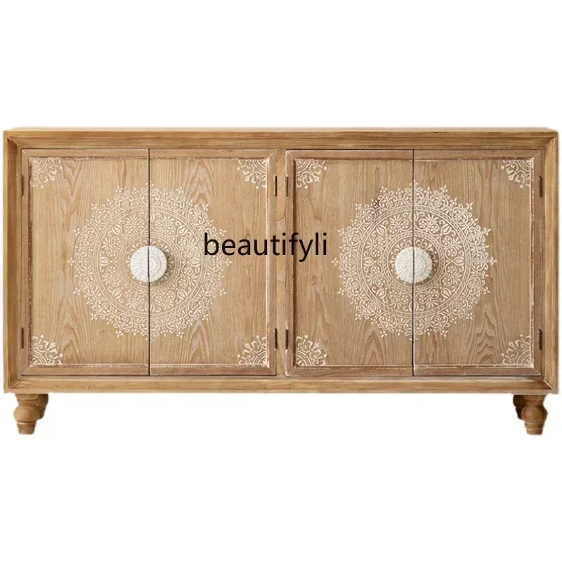 

35French retro entrance cabinet living room entrance door solid wood storage homestay carved storage cabinet