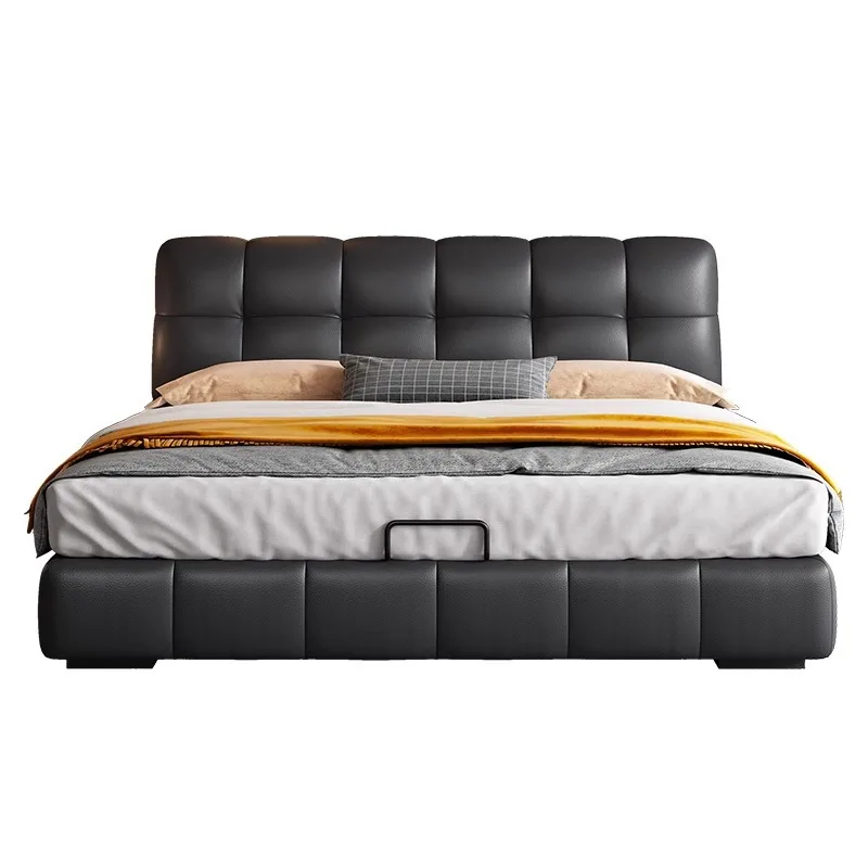 

Master bedroom double leather bed, cream wind, Italian minimalist storage single bed