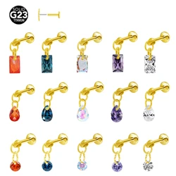 Water Drop CZ Labret G23 Titanium Piercing Push In Rectangle Pendant Earring Stud Pendant Threadless Cartilage Body Jewelry