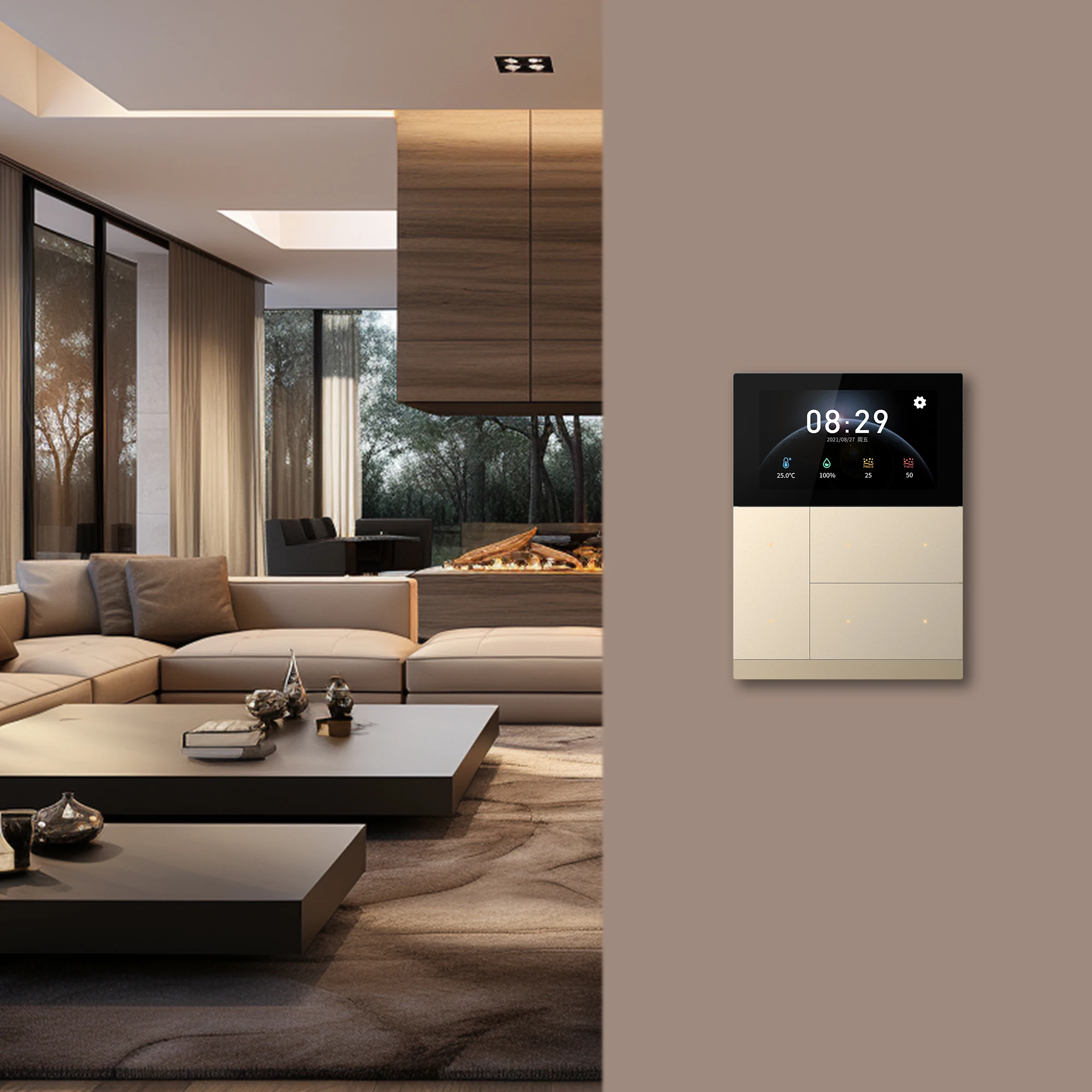 KNX/OEM/ODM Build-in Temperature/Humidity Sensor Smart Home Automation System Tuya 3 Inch Screen-Button Control Panel