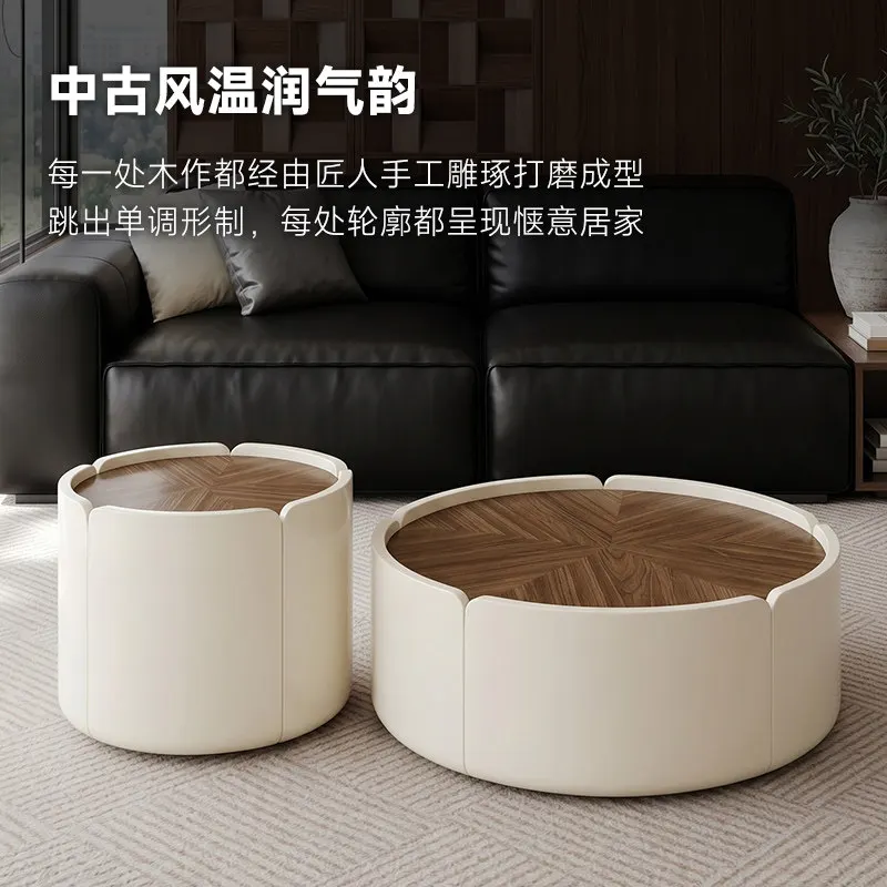 Italian light luxury coffee table combination, mid-ancient walnut round rock slab edge table