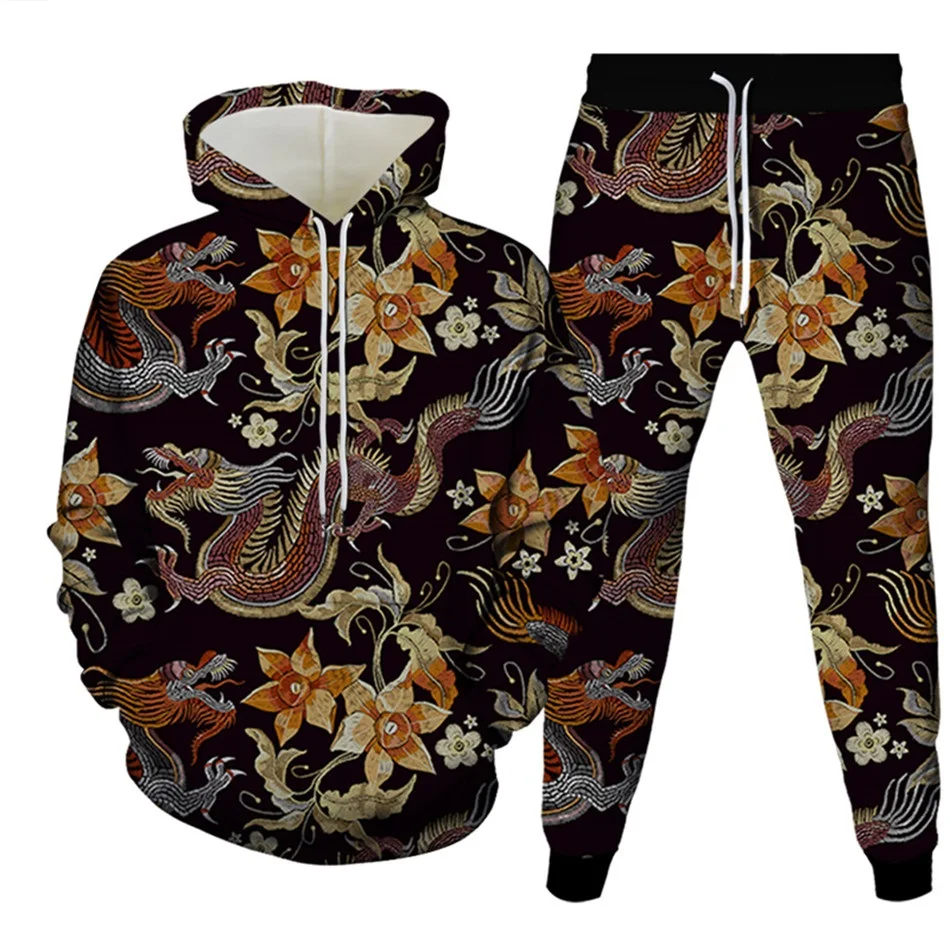 

Men Clothes Tracksuit New Animal Dragon Phoenix Cloud Florial Peacock Harajuku Style Hoodies Pants 2 Pieces Sets Man Costume