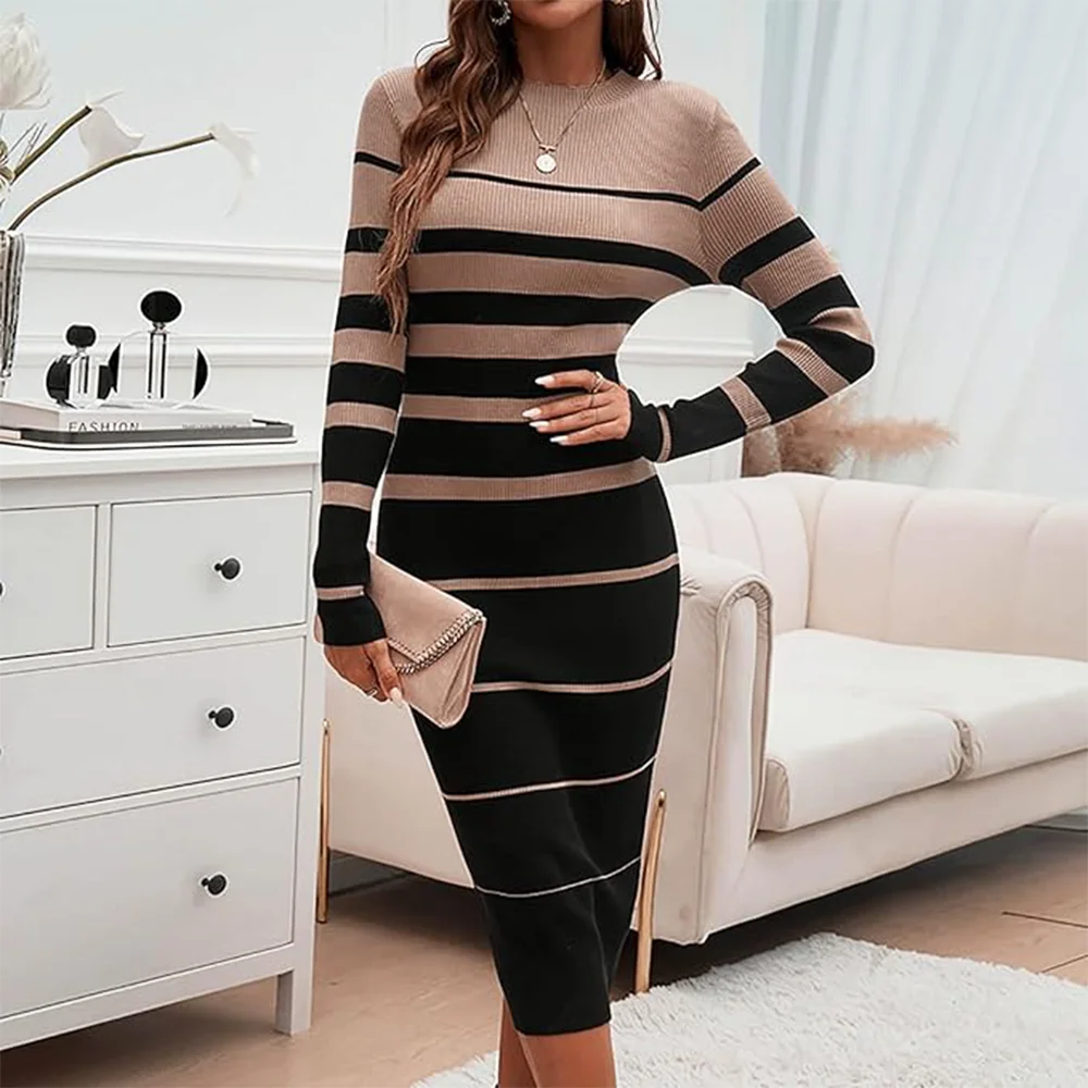 Robe longue moulante décontractée pour femmes, pull rayé, longueur au sol, pull, robes de plage d'hiver, robe tricotée, grande, Sexy, Simple, nouvelle collection