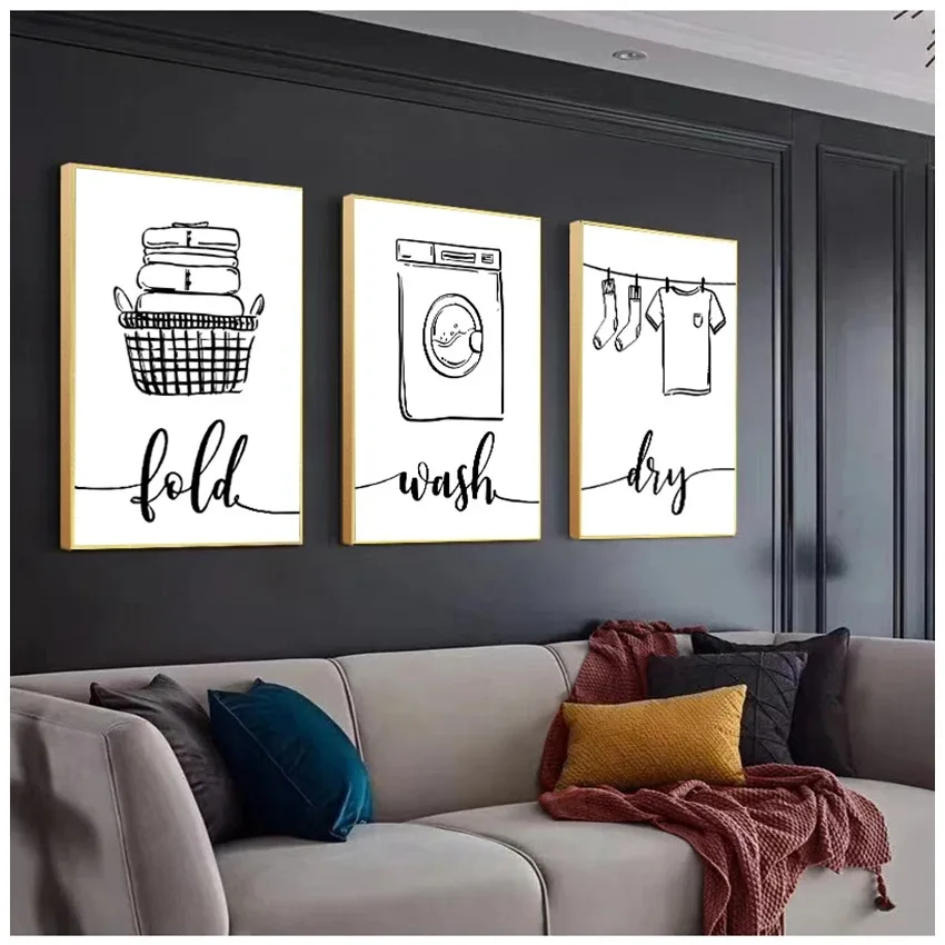 Sign Black White Pictures Bathroom Home Decor Modular Wall Art Print Canvas Painting Nordic Poster Wash Dry Fold Repeat Laundry