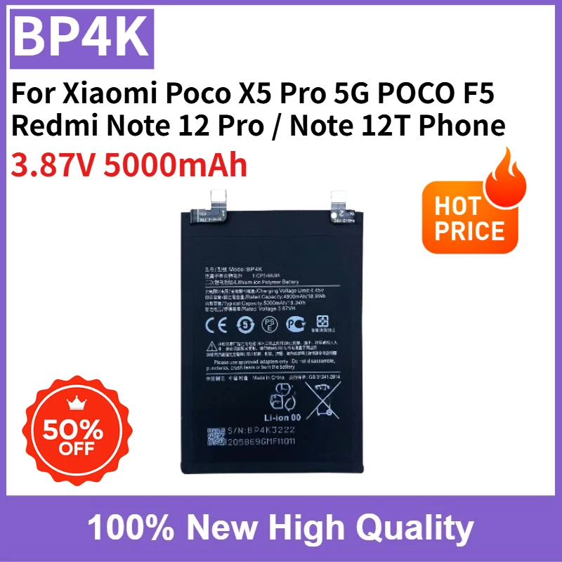 

BP4K Replaceable Battery 3.87V 5000mAh High Quality For Xiaomi Poco X5 Pro 5G POCO F5 Redmi Note 12 Pro / Note 12T Mobile Phone