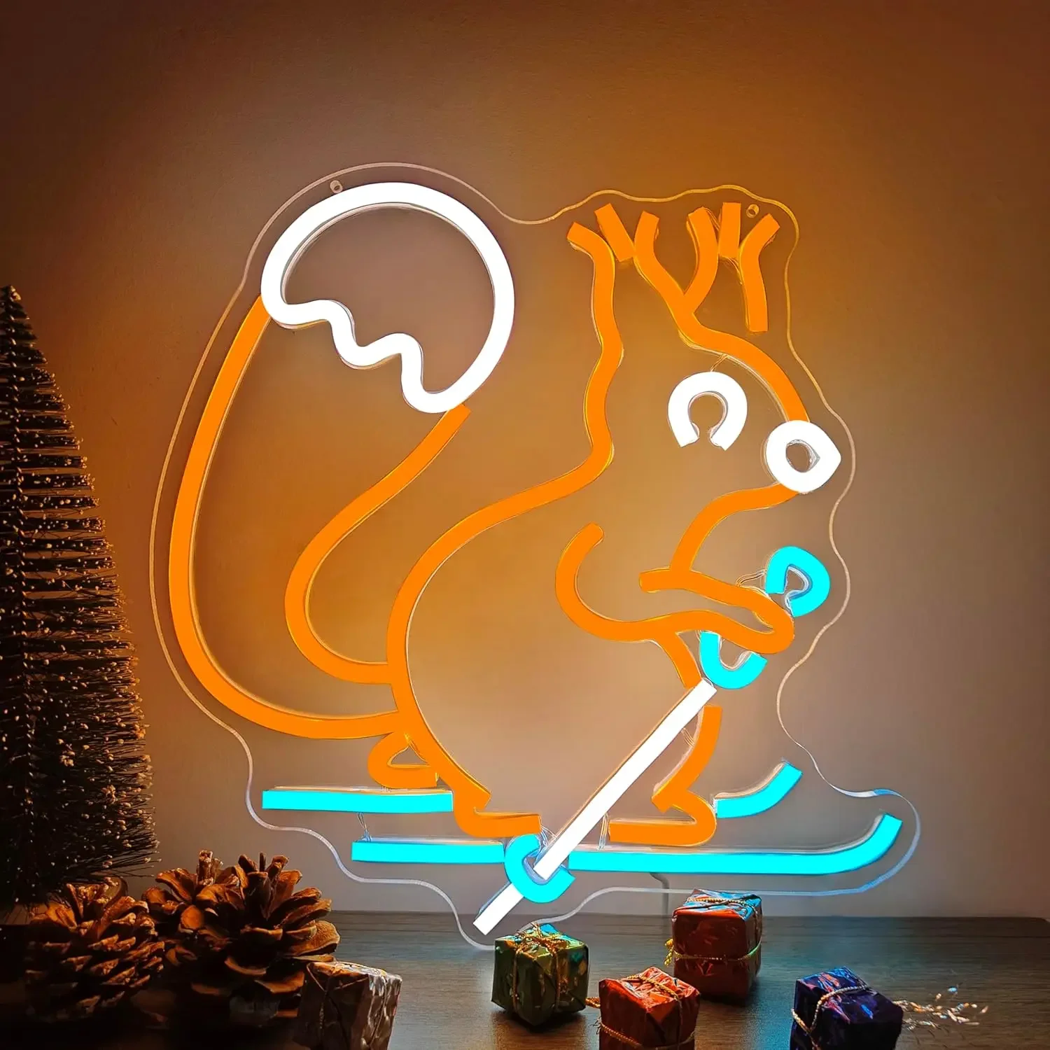 Squirrel With Crown Neon Sign Orange Cyan LED Wall Art Acrylic USB Dimmable Hanging Light Kids Room Party Home Decoration