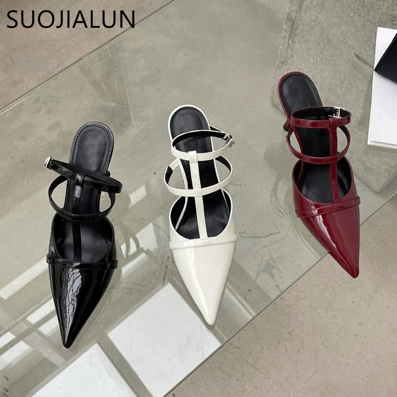 SUOJIALUN 2023 Spring New Pointed Toe Women Sandal Fashion Ankle Starp Thin High Heel Ladies Elegant Pumps Dress Slingback Shoes