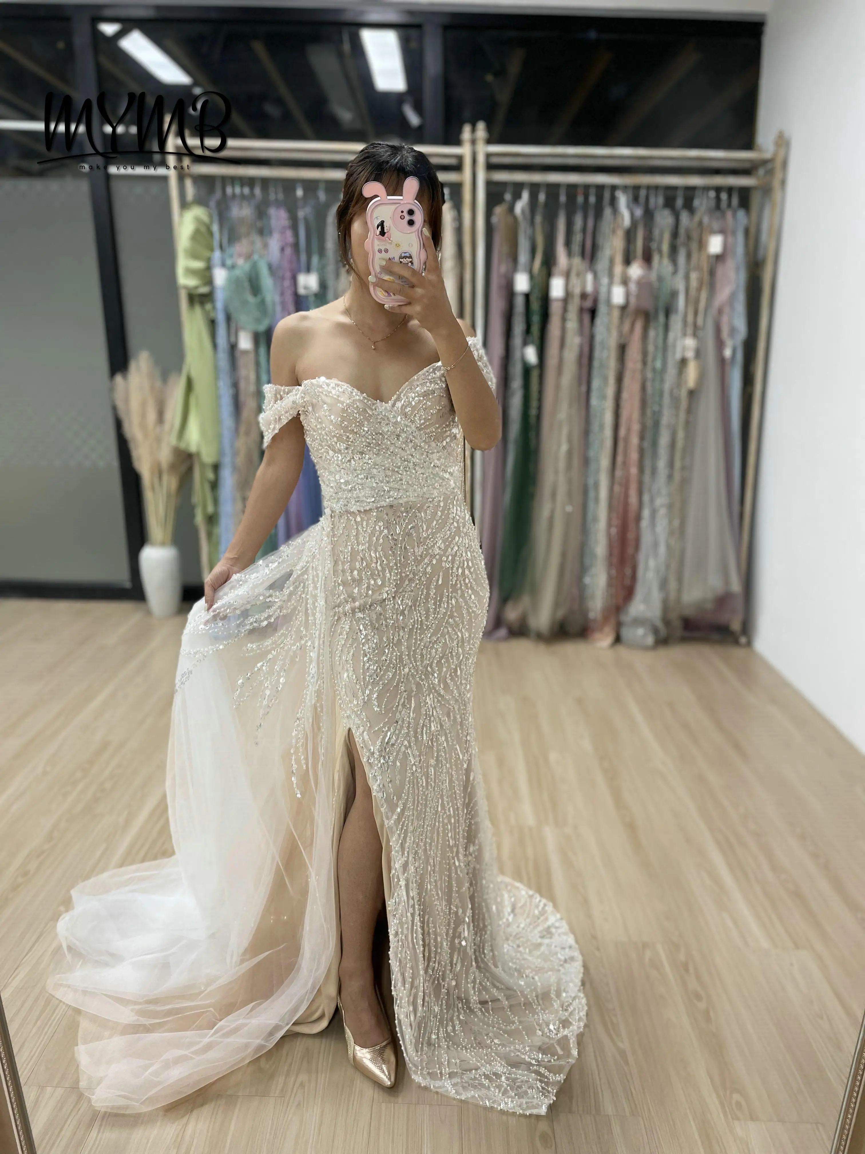 

MYMB Chic Shining Off Shoulder Evening Gown for Ladies Sweetheart Sleeveless Slit Pearl Sexy Plus Size Floor Length Prom MY30022