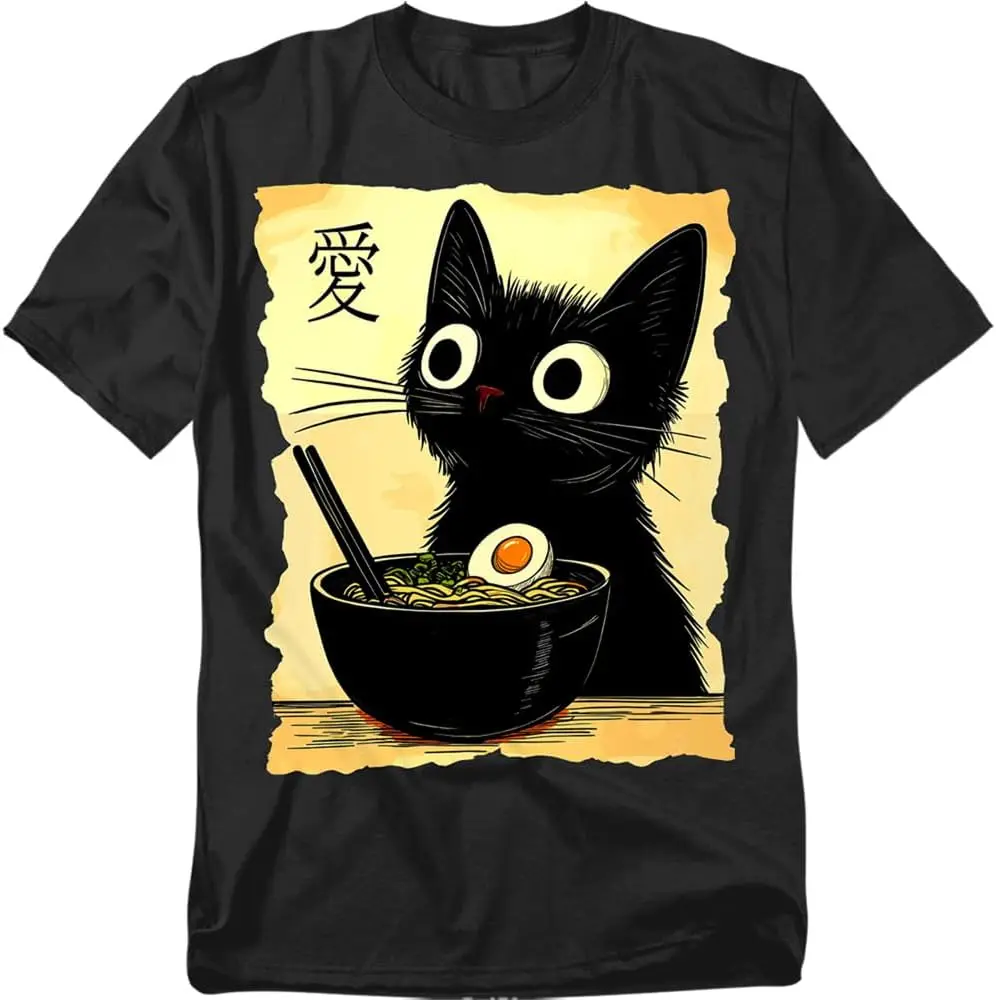 Anime Black Meal T Shirt – Funny Cute Cat Japanese Food Tee For Men Or Women, Unisex Adult Food Lover,Foodie,Funny,Cute Kawaii,Pun Humor T-Shirt