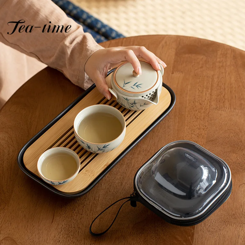 

Retro Ice Glaze Ceramic Travel Tea Set Hand Painted Bamboo Tea Set Complete Set 1 Pot 2 Cups Portable Camping Outdoor Teaware