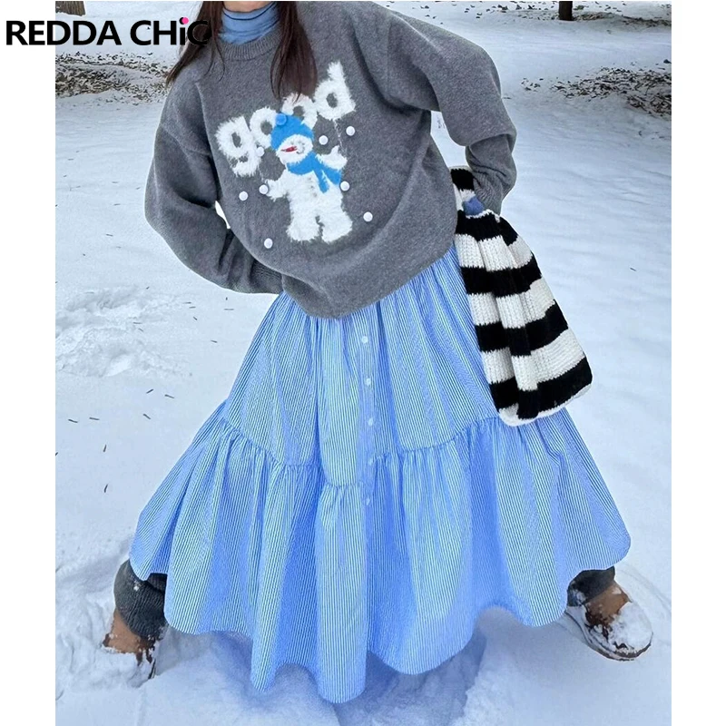 

ReddaChic Holiday Skirts for Women Free Travel Blue Cake Mid Skirt Solid A Line High Waist Long Skirt Korea Style Streetwear