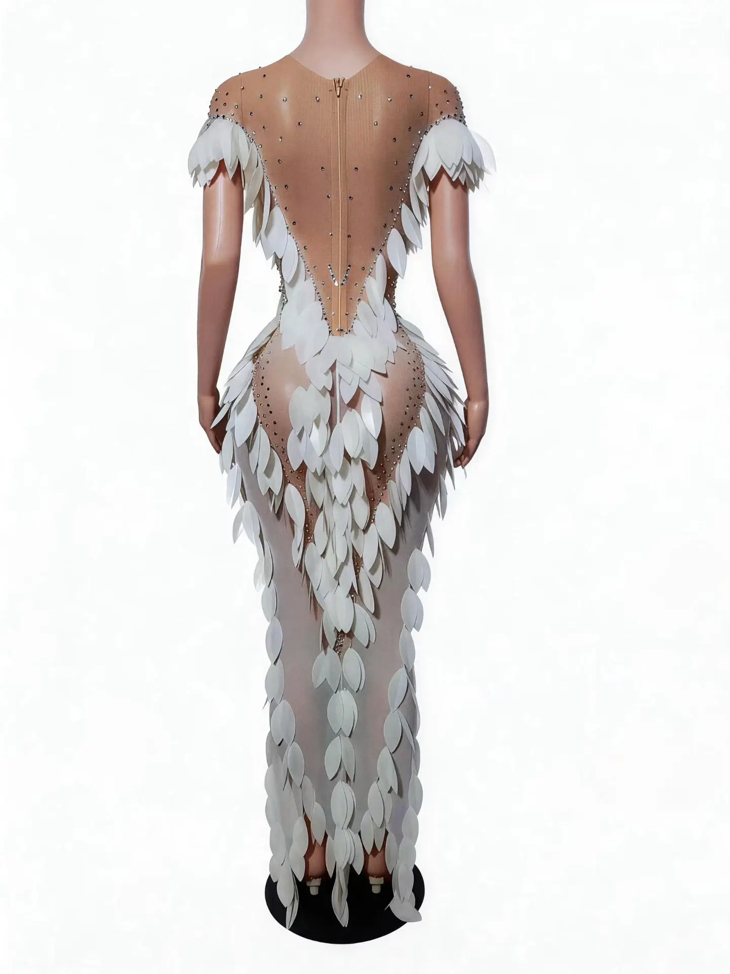 Mobai Luxury White Feather Rhinestone Embellished Sheer Mesh Mermaid Gown for Burlesque Cabaret Stage Performances view 3