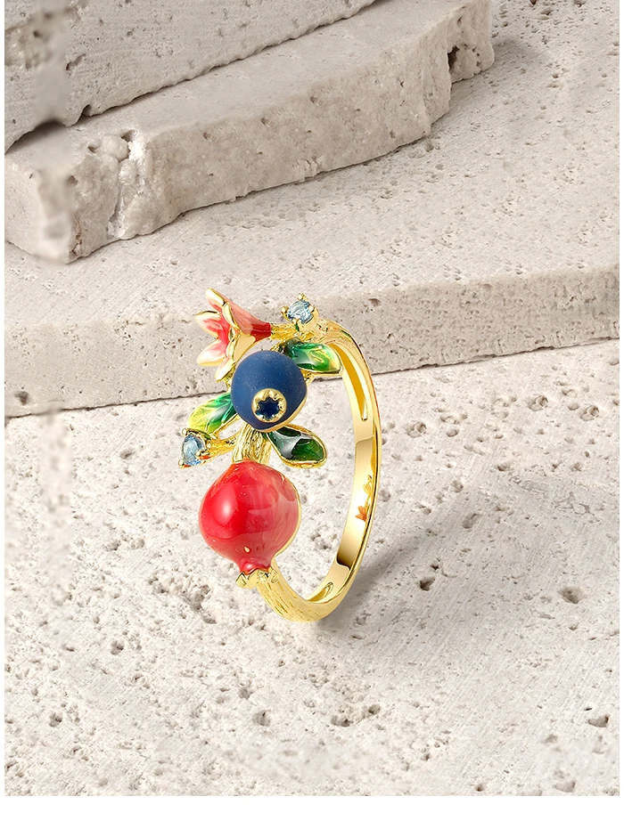 SANTUZZA Authentische 925 Sterling Silber Ringe für Frauen, Niedliche Blaubeeren & Granatapfel Emaille Früchte, Zarte Blumen, Edle Schmuckstücke – Detail 1