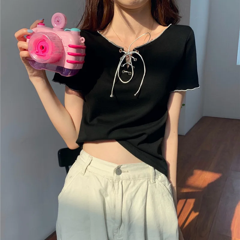 

Harajuku Fashion Lace Up Crop Tops Summer Women Y2k V-Neck Short Sleeve T-Shirts Korean Solid Colors Slim Drawstring Short Tops