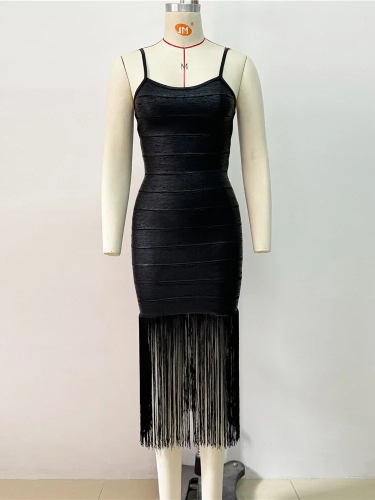 Sexy Spaghetti Strap Fringe Patchwork Lange Verband Kleid Frauen Schwarz Ärmellose Quaste Design Dünne Kleider Elegante Abend Party