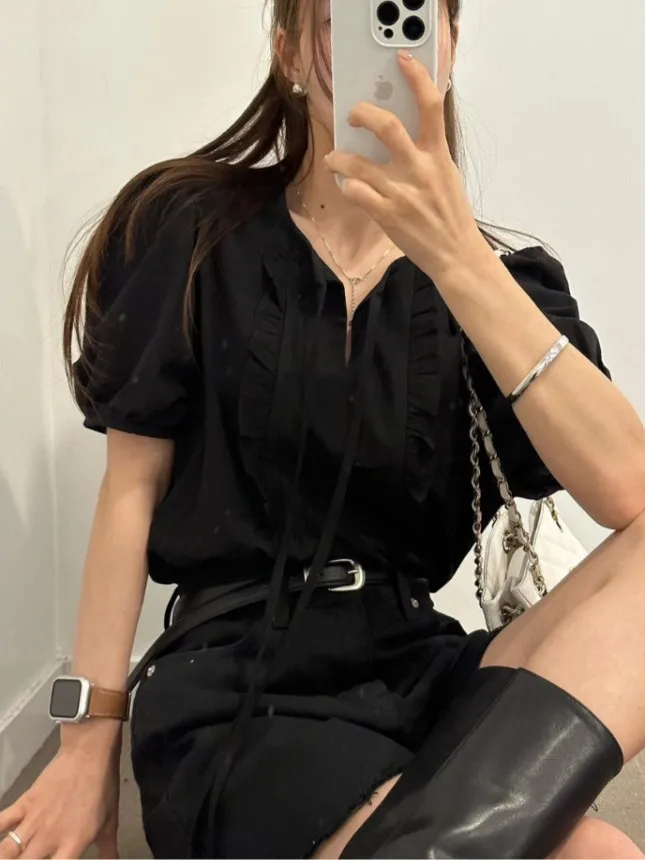 

Korean Sle Bow Tie ort Sve Women's irt Summer New Bubble Design Sensation Elegance Blouse Loose Fit Commute Sle