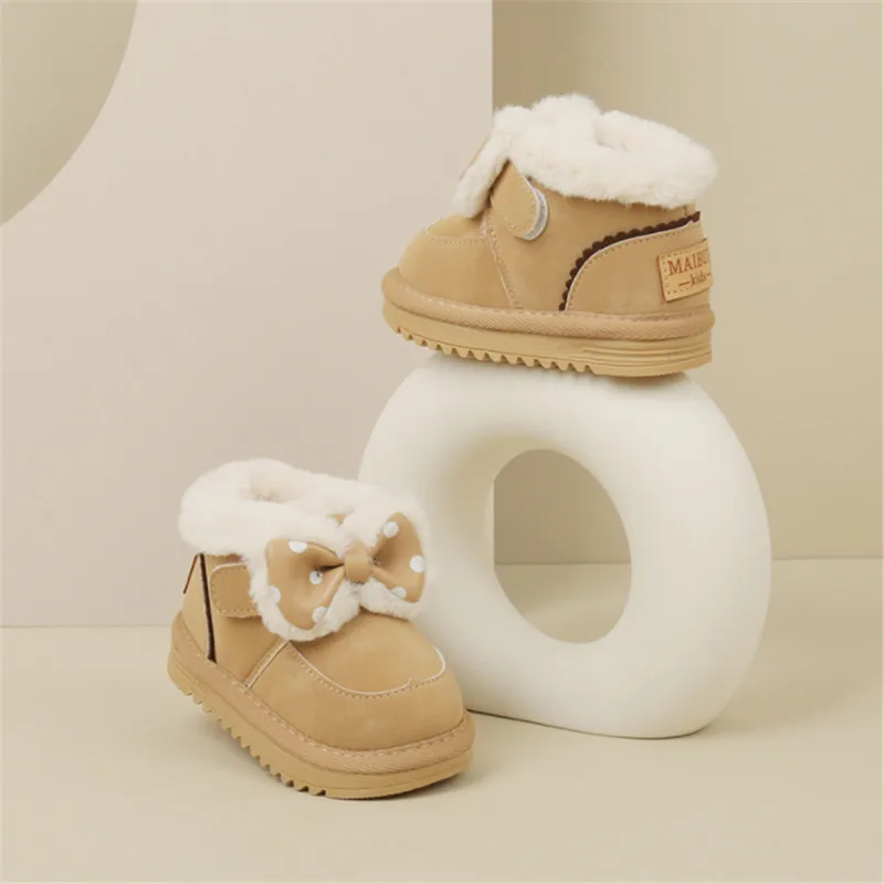 2023 New Winter Baby Shoes For Girls Leather Butterfly-knot Warm Plush Kids Boots Rubber Sole Fashion Toddler Children Snow Boot