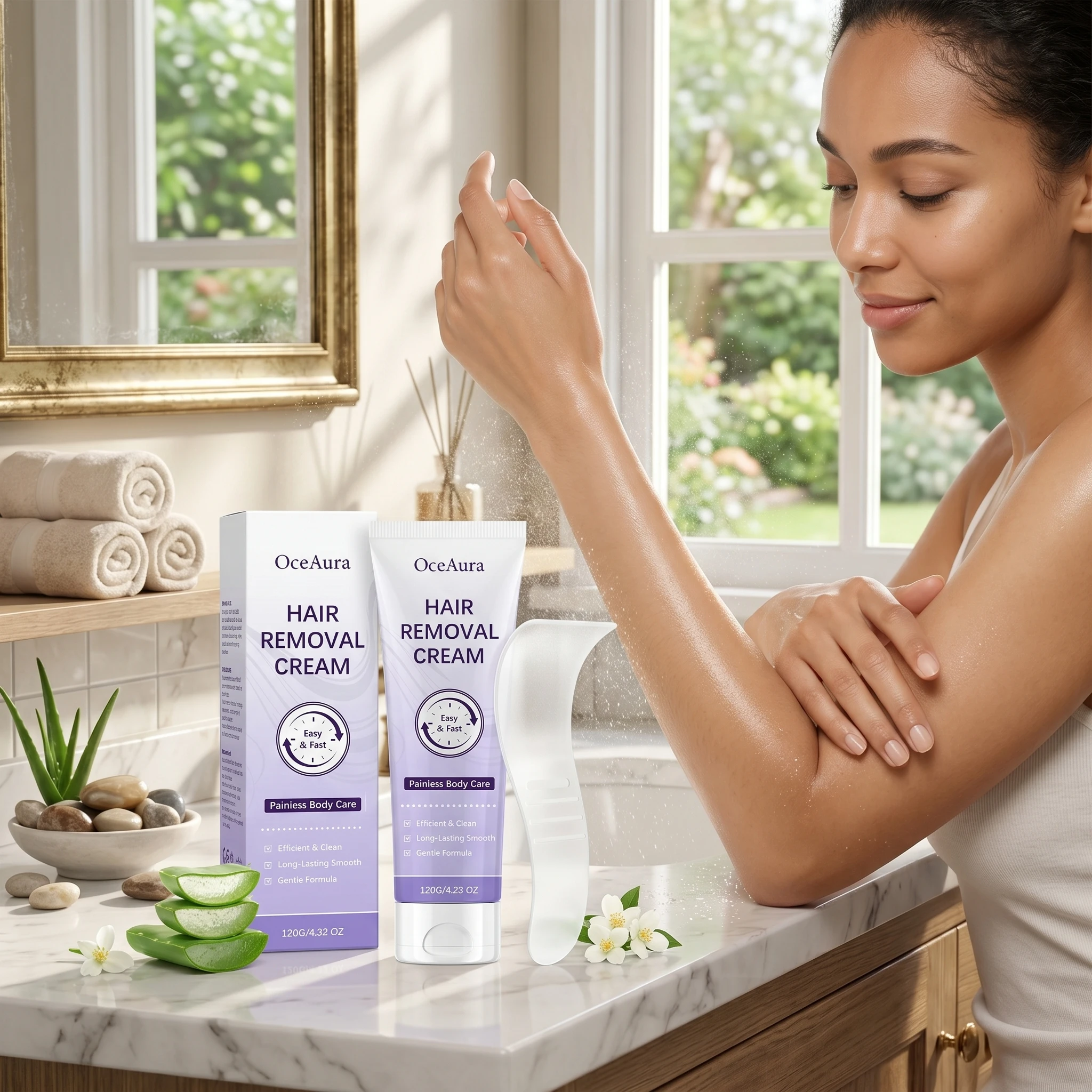 OceAura Hair Removal Cream for Underarm Leg Arm Body Hairs Growth Inhibits Painless Calm Redness Aloe Hydrating Depilatory Cream