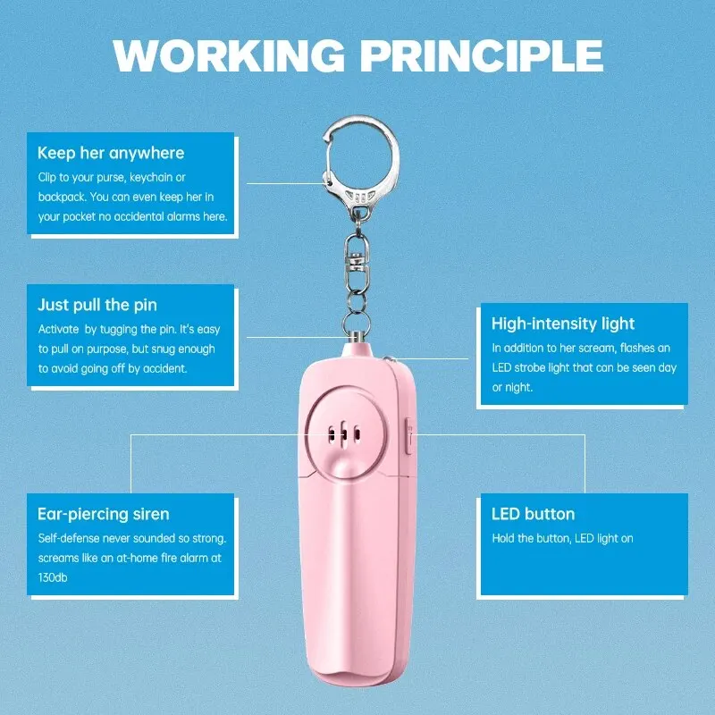 Lighter And Thinner Female Portable Alarm With Keychain, 130dB Volume, Electronic Whistle, Backpack Pendant, LED Lighting