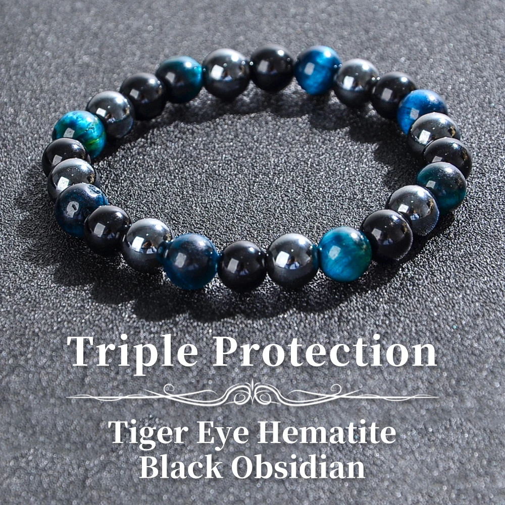 Triple Protection Bracelet, Blue Malachite Black Bile Obsidian Beaded Bracelet, Handmade Stretch Beaded Bracelet