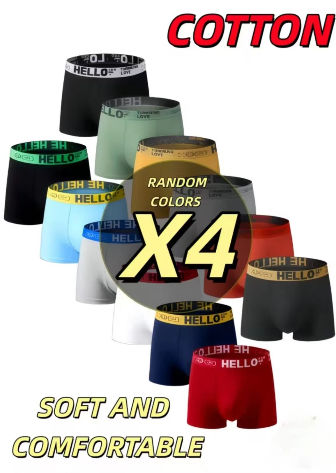 

4 шт., нижнее белье разных цветов, мужские удобные короткие трусы из чистого хлопка с плоской ногой и четырьмя углами, спортивные мужские трусы-боксеры