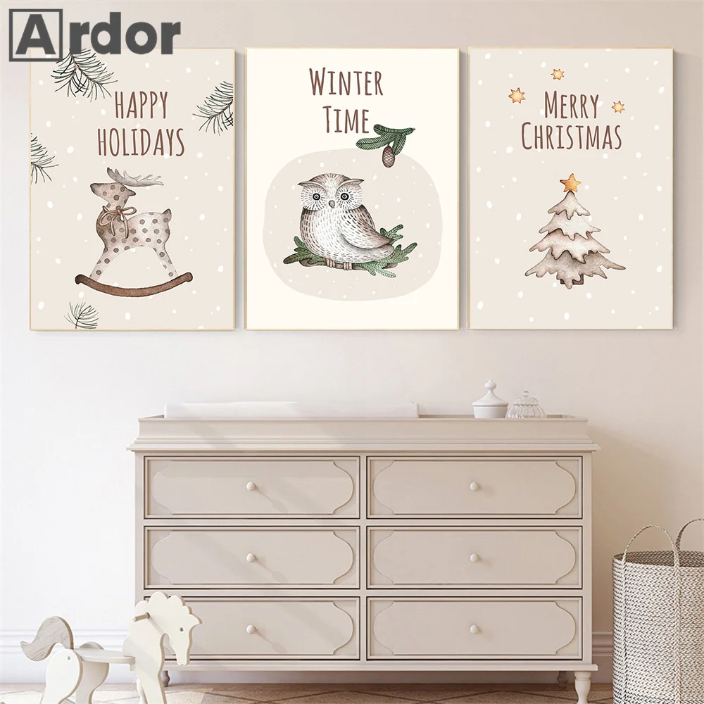 

Painting Wall Art Christmas Pine Tree Star Picture Deer Owl Woodland Posters And Prints Winter Canvas Painting Living Room Decor