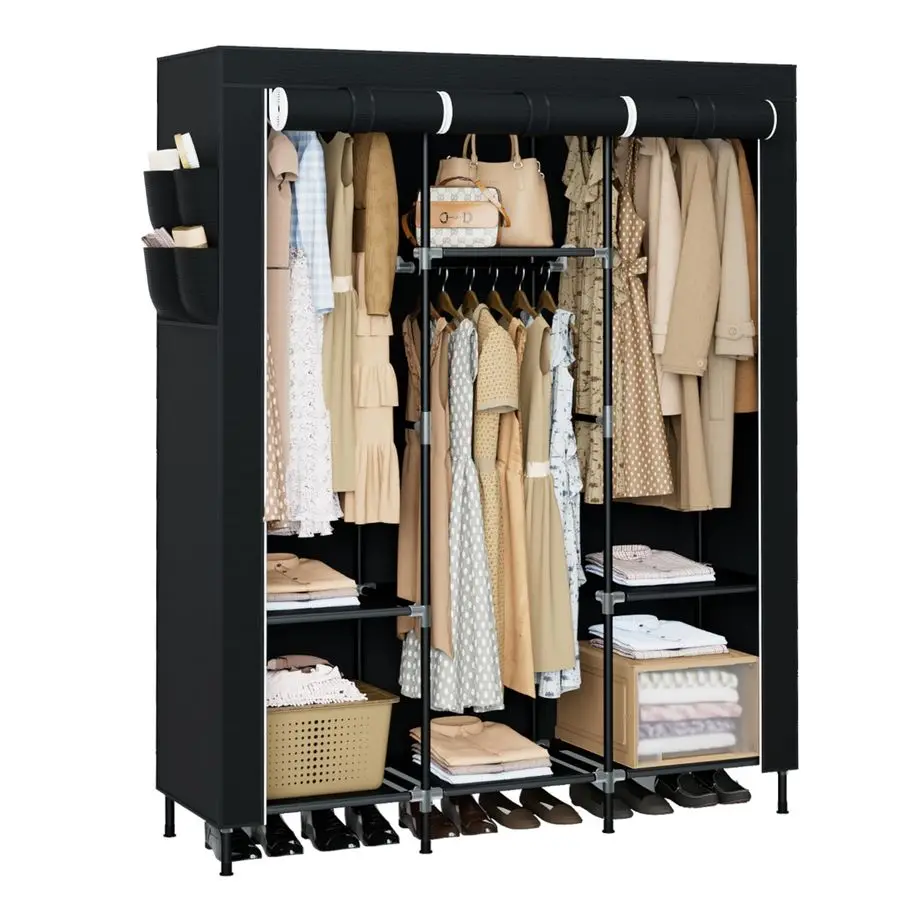 

Closet, 51.2 Inch Large Capacity Wardrobe Closet with Cover, Clothes Storage Organizer with Shelves and 3 Hanging Rods, Easy to