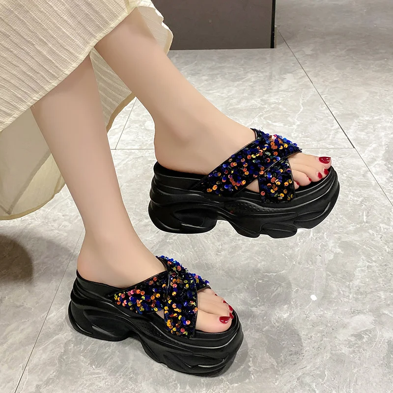 Ladies Sandals Woman 9CM Summer Open Toe Bling Sandal Dress Shoes Womens High Heels Sandals Platform Wedges Heeled Ladies