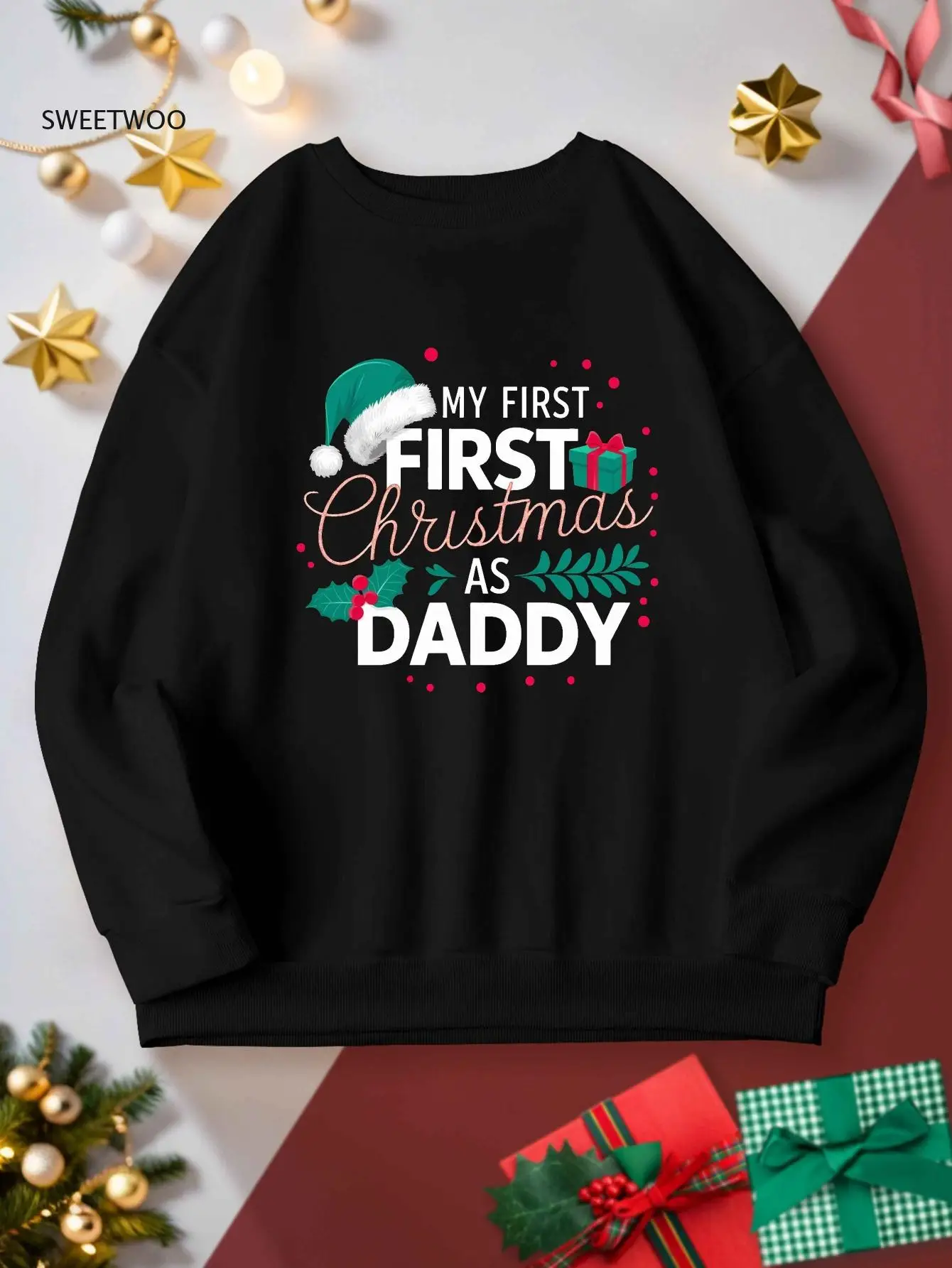 

Cozy Plus Size Christmas Sweatshirt for Women - Casual Long Sleeve, Round Neck with Festive Geometric Print, Machine Washable