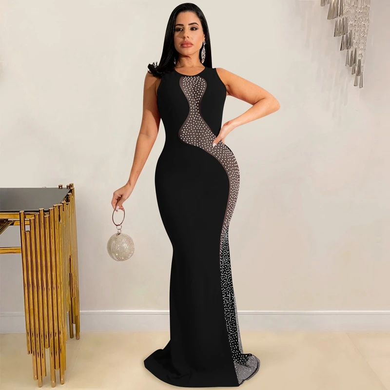 Przezroczysta siateczka Patchwork świecący Rhinestone Bodycon Maxi sukienka kobiety elegancka czerwona Backless ślubna noc klub długa seksowna sukienka