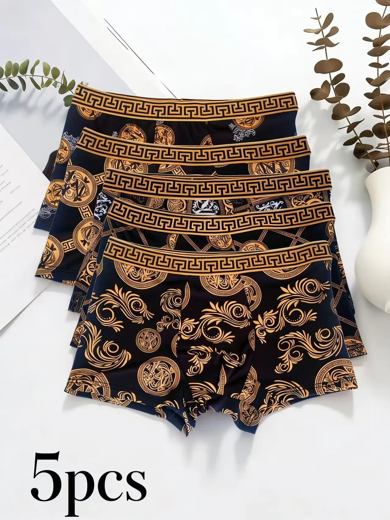 Bestselling Luxury Trendy Black Gold Print, Thin, Comfortable, Breathable and Antibacterial Plus Size Men's Boxer Briefs