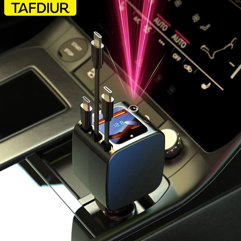 Tafdiur 1 Piece Black Abs Material 30W Fast Charging 4 USB Ports + 3 Type-C Ports Car Cigarette Lighter Charger Splitter, Seven-In-One Retractable Car Charger, with Red Starry Sky Ceiling Light, Fast Charging with Voltage Digital Display