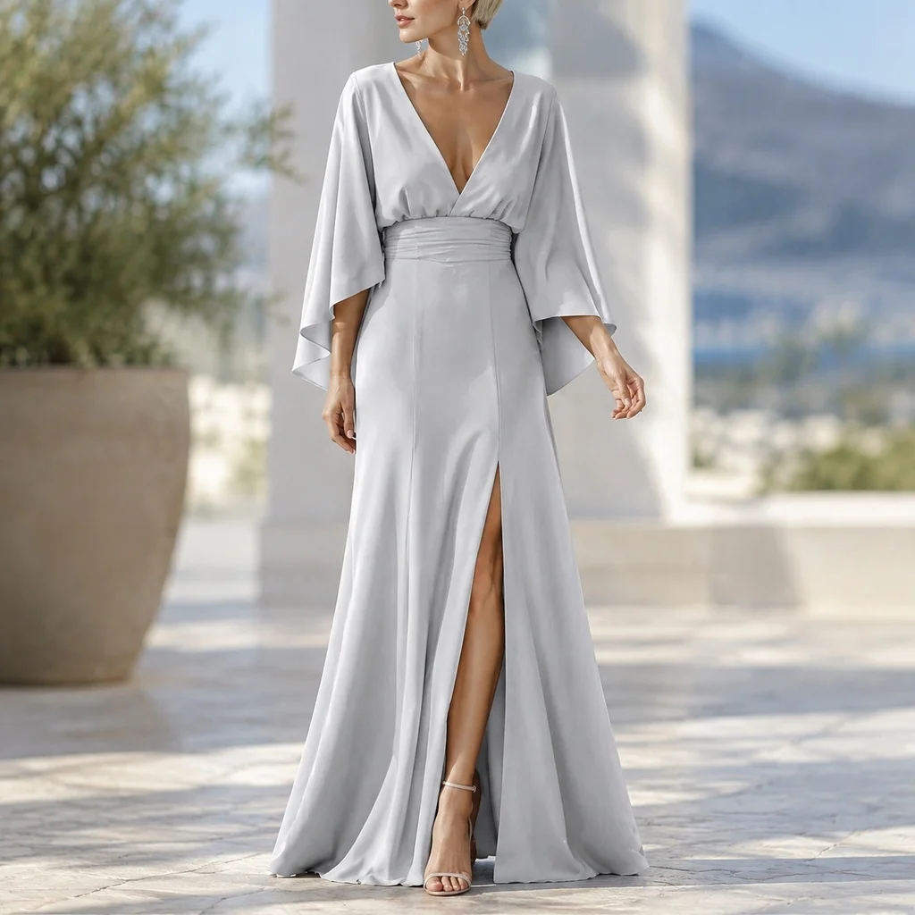 Pleated Dress Split Loose Fit Socialite Style with No Button Closure a Line Three Quarter Sleeve Elegant Split Dress for Women