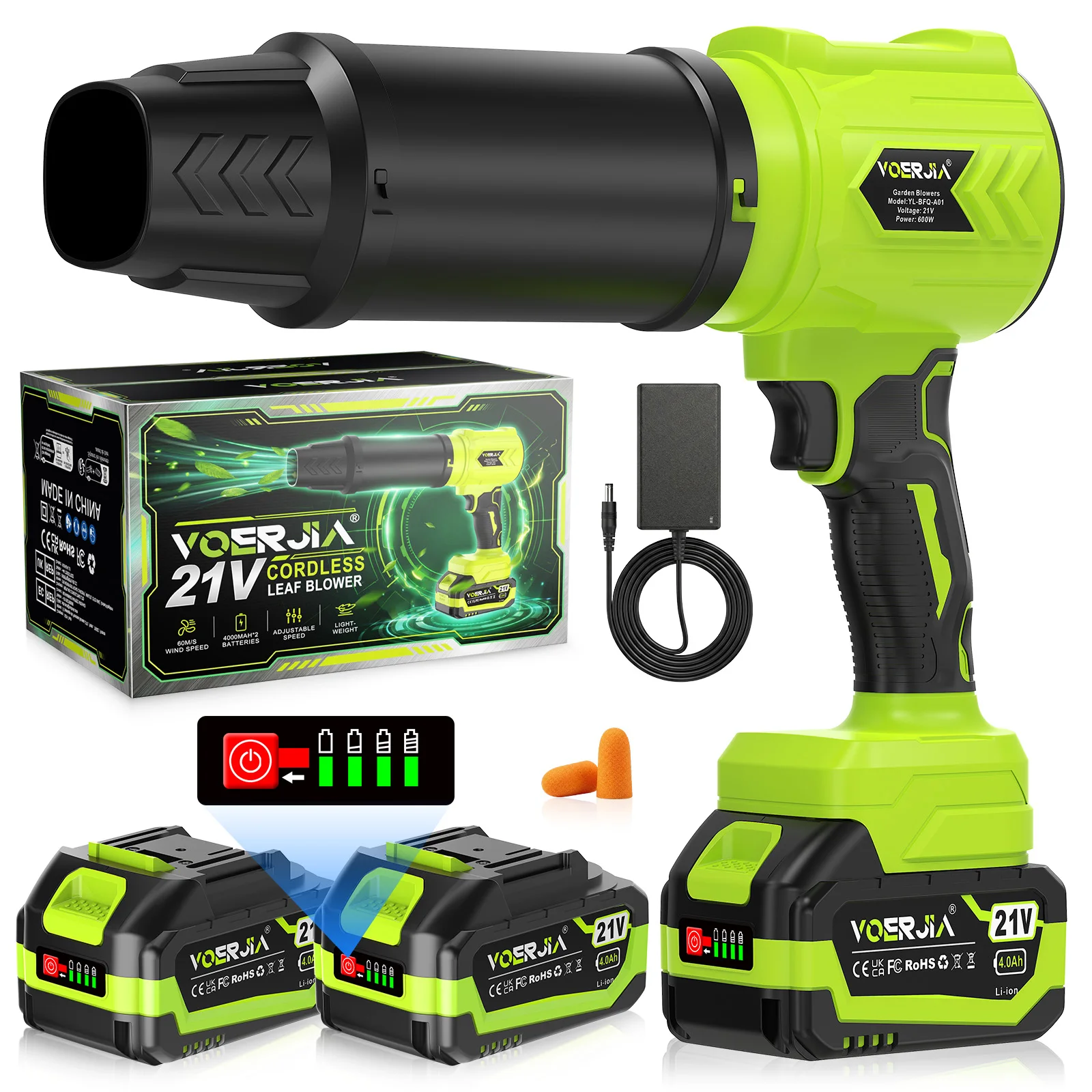 VOERJIA 21V Akku-Laubbläser 600W 30000U/min 60m/s, Handgehaltener Elektrischer Luftbläser mit 2x4000mAh Batterien, 3 Düsenlängen für Gartenlaub, Autotrocknung, Staub und Schnee