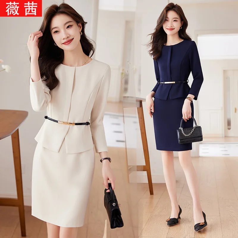 Professional Women's Clothing Autumn and Winter Long-Sleeved Fake Two-Piece Sheath Dress Hotel Front Desk Reception Beauty Salon