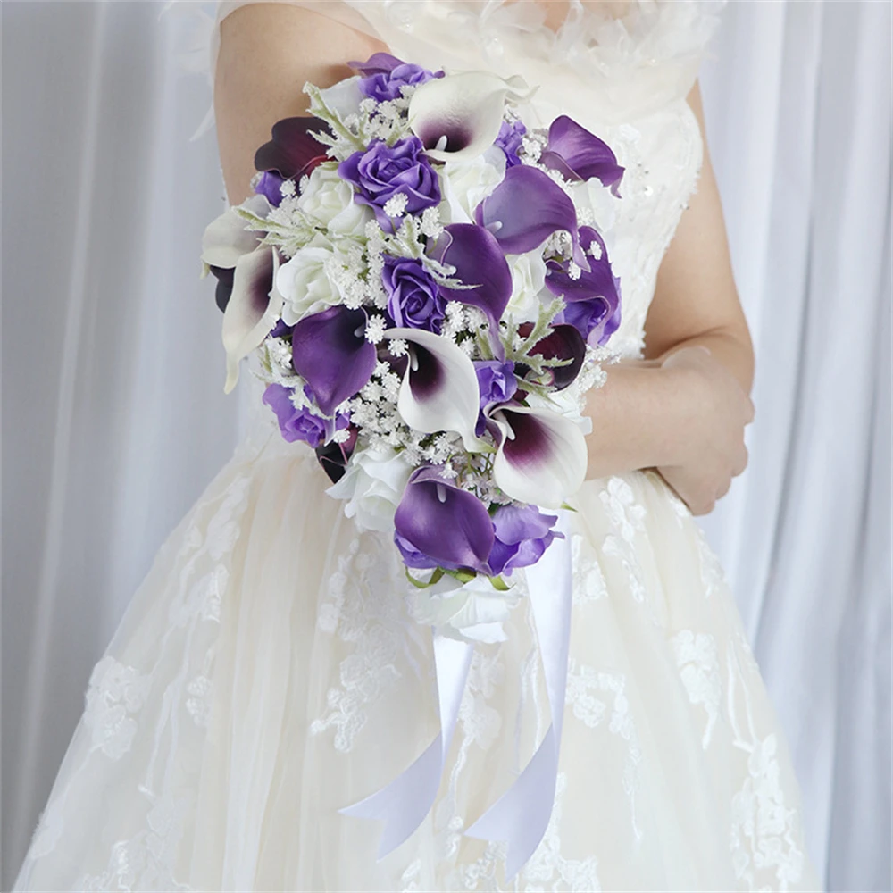 Wedding Bouquets White Purple Calla Lily Water Drop Waterfall Artificial Flowers Bouquets for Anniversary Bridal Shower Wedding