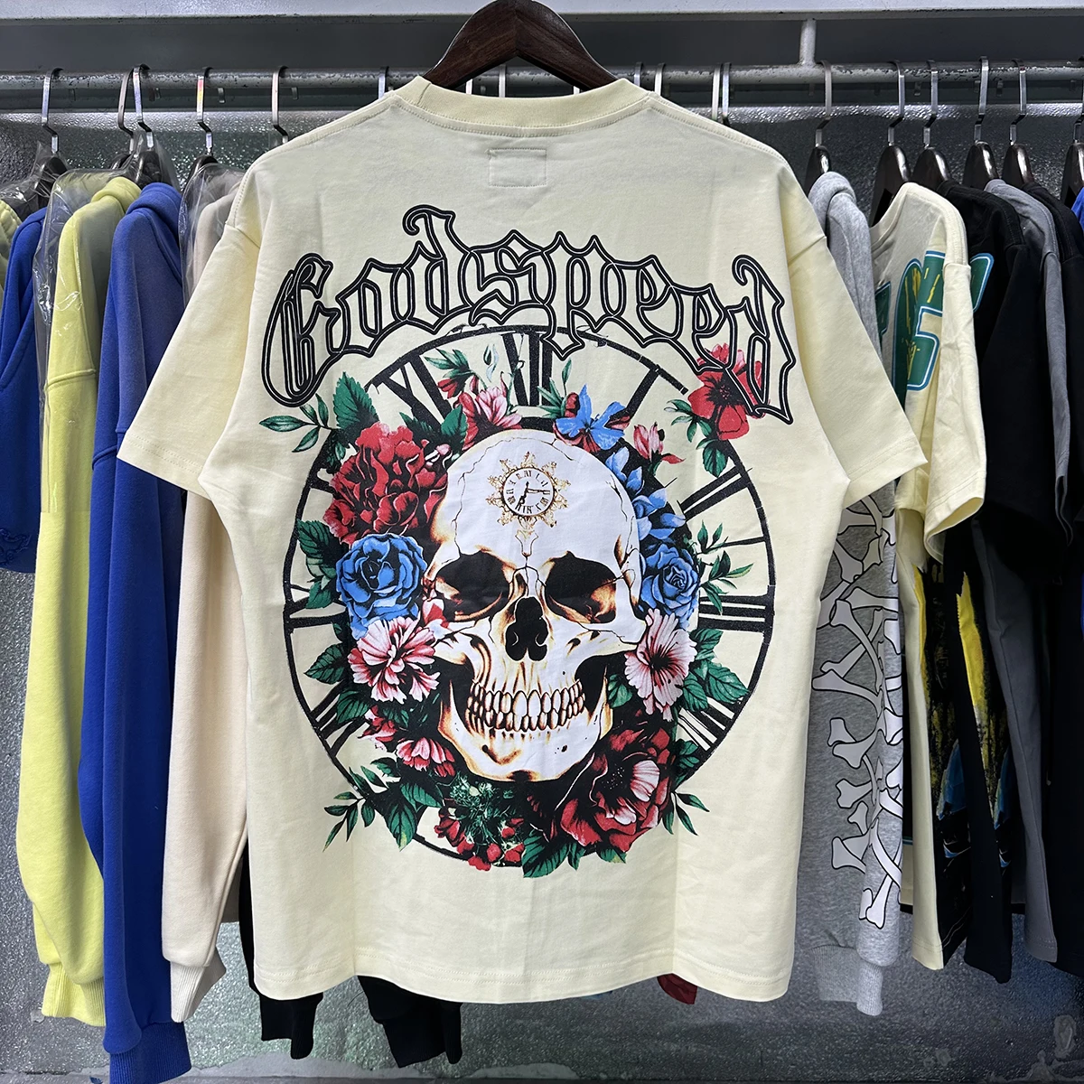 Streetwear Skull Rose Clock Plate Printed Cotton Casual Short Sleeve T-shirt for Men and Women Short Sleeve Baggy Summer Tshirts