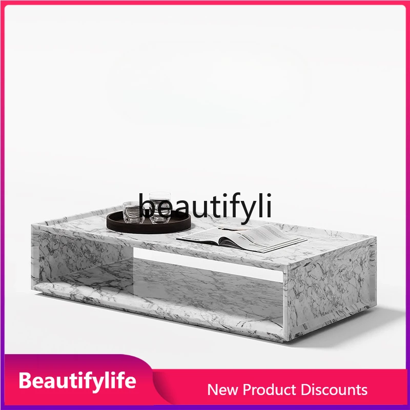

B6 High-end Natural Marble Rectangular Coffee Table Minimalist Storage Cream Style Wabi-sabi Style