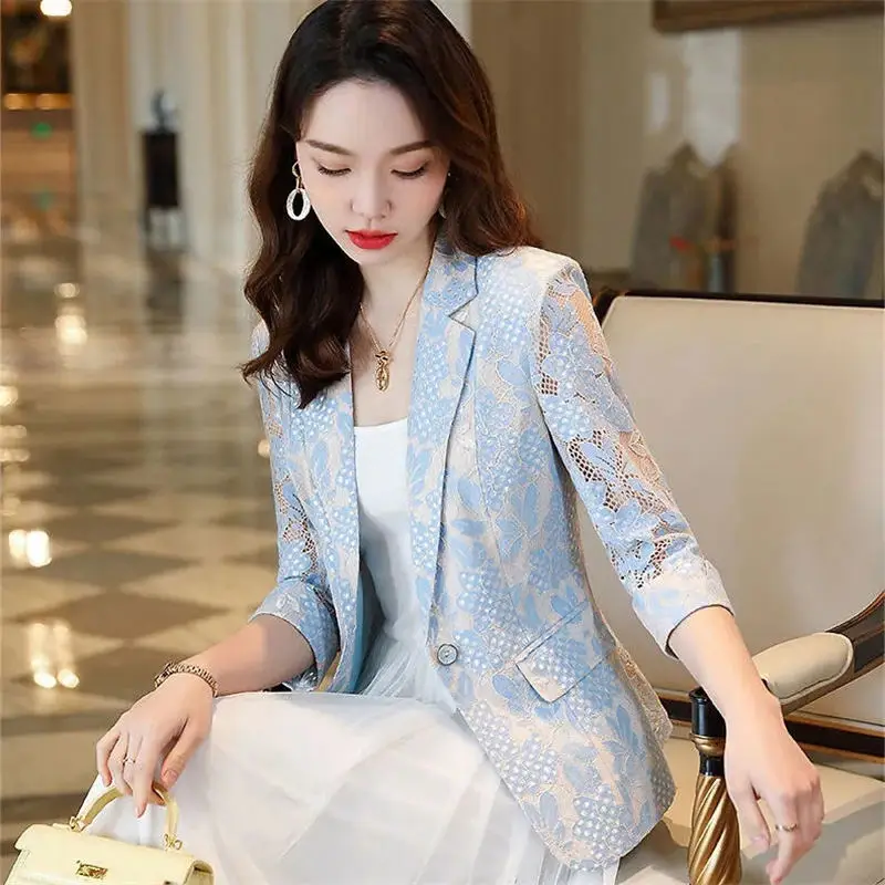 Design Sense Lace Blazer 2022 New Spring Top Women's Casual Three Quarter Sleeve Coat Lady Summer Sun Protection suit Jacket Blu