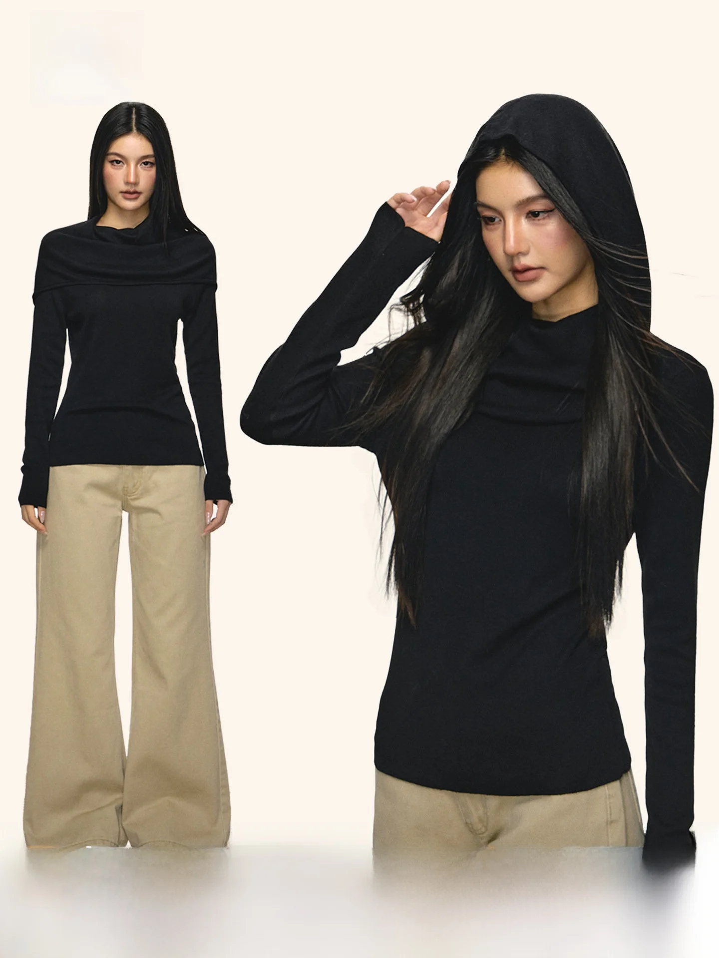 

Женская трикотажная кофта с капюшоном Anna Aneae, приталенная, коричневая, для весны и осени, с высоким воротником, для ношения как под одежду, так и поверх нее