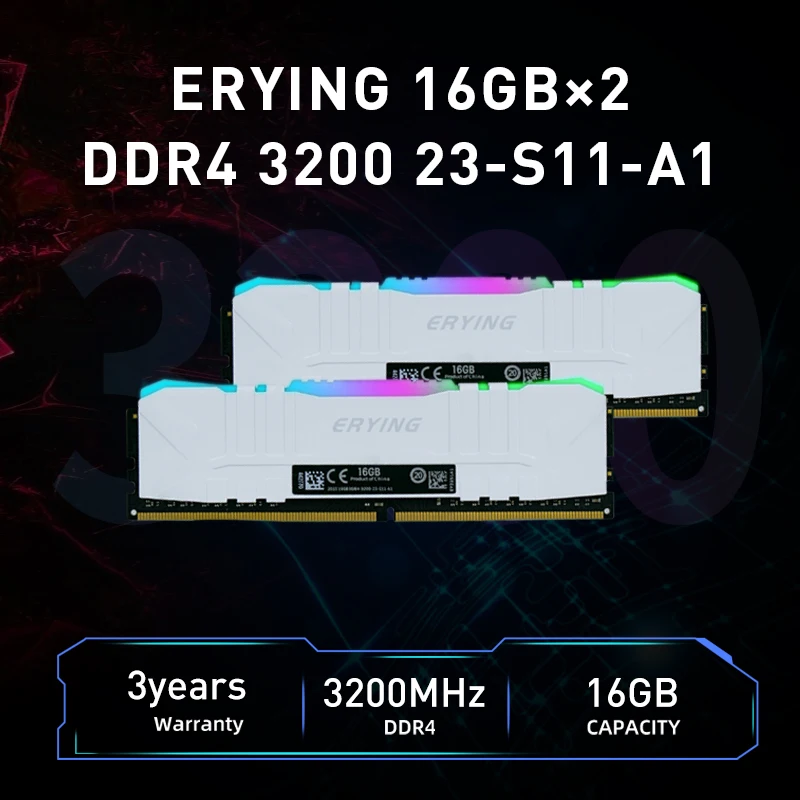 ERYING(2 pièces) Mémoire RAM de bureau DDR4 16 Go 16 Go 3200Mhz XMP RVB Mémoire de jeu U-DIMM personnalisée pour kit i9 i7 Carte mère