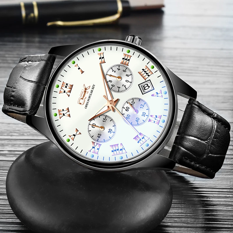 Opk-メンズ発光ベルトクォーツ時計、シングルカレンダー、防水、ブランド、8120