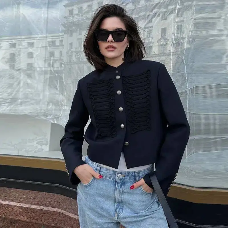 Fashionable Elegant Solid Color Stand Up Collar Long Sleeved Short Jacket Single Breaste Comfortable Casual Commuting Top