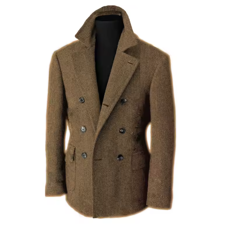 British Men's Blazers Vintage Herringbone Tweed Formal Jacket Wool Blend Double Breasted Casual Autumn Winter Suit Coat - Image 19