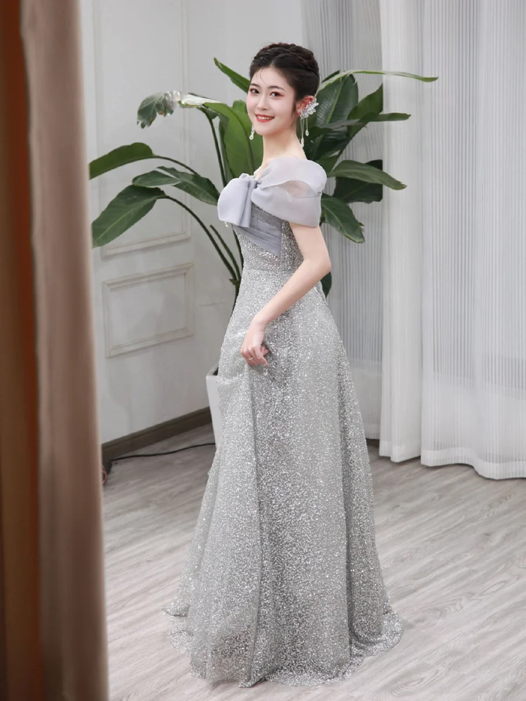 Sukienka wieczorowa L-4XL Duży Rozmiar Elegancka Cekinowa Duża Kokarda Dekolt Hiszpanka 2025 Nowa Sznurowana Wysoki Stan Sukienki Balowe Księżniczki Długie Do Podłogi