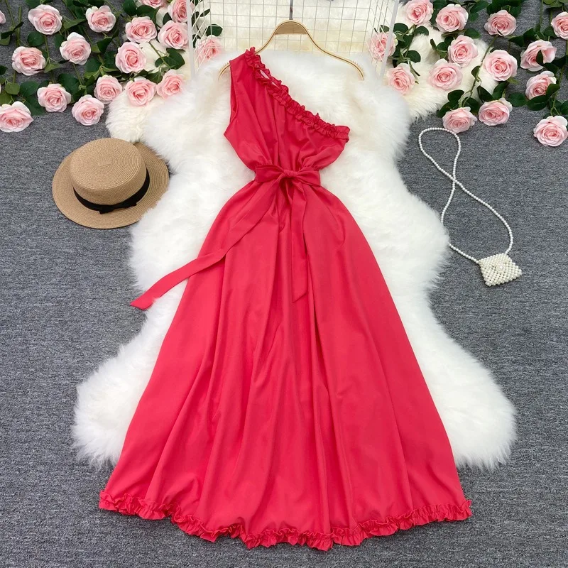 YuooMuoo ชุดสตรี 2024 แฟชั่นฤดูร้อนใหม่ Y2K One-Shoulder SASH BANDAGE PARTY ชุดยาว POP Streetwear ชุดชายหาด Vestido