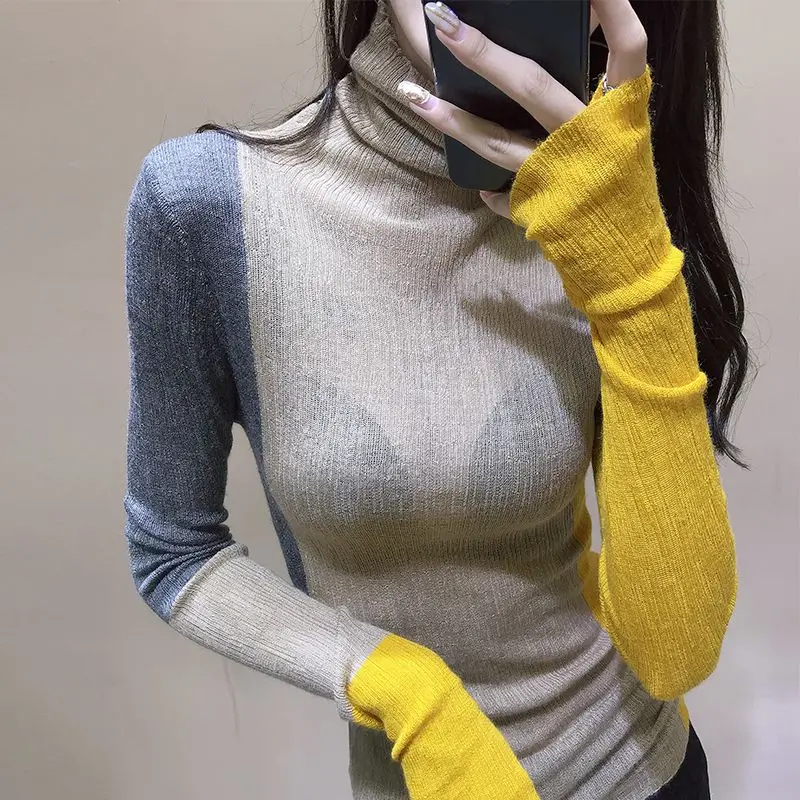 Fashion Turtleneck Asymmetrical Color Sweater Women\'s Clothing 2022 Autumn New Oversized Casual Pullovers All-match Korean Tops